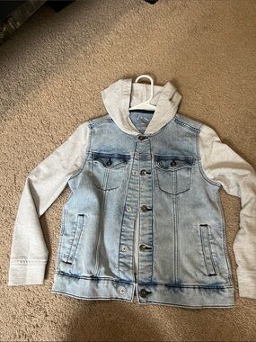 art class Light Blue Denim Jacket with Gray Hoodie Sleeves